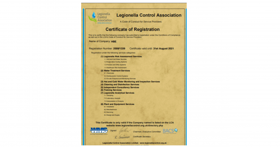 Legionella Control Association (LCA)Registration Certificate